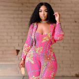 Two-piece printed suit and suspenders QS5071