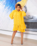 Solid color button shirt fashion pleated skirt bubble cuff dress QY18028