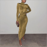 Women's autumn new style shoulder pad half-high collar pleated waist long-sleeved long dress D654168788360
