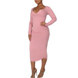 2021 Explosive Women's Pure Color Casual Fashion Dress Spring V-neck Long Sleeve Slim Pack Hip Skirt D652874432988
