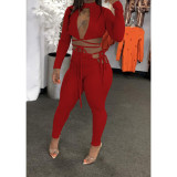 Quality long-sleeved solid color two-piece sexy suit D88133