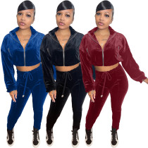 Women's fashion Korean velvet zipper sports elastic waist trousers two-piece suit X9333