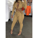 Quality long-sleeved solid color two-piece sexy suit D88133