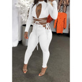 Quality long-sleeved solid color two-piece sexy suit D88133