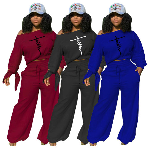 Solid color embroidered letters, knotted cuffs, loose pants casual suit NY88049