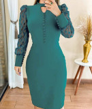 Women's autumn and winter net yarn polka dot stitching solid color sexy waist dress L1112