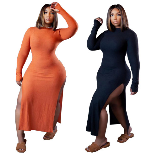 Plus size women's clothing solid color sexy dress with slit hem NY88051