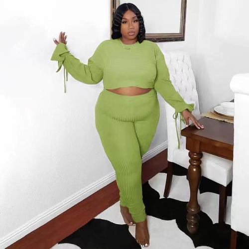 Solid color pit strip round neck long sleeve fashion loose fit two-piece suit D80080
