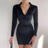 Women's 2021 autumn and winter new solid color casual stitching lapel zipper long-sleeved short dress A21DS466