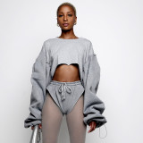 Women's 2021 autumn and winter new solid color sexy round neck long-sleeved sweater suit with umbilical cord Q21ST637