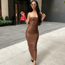 Women's 2021 autumn and winter new solid color casual sleeveless zipper PU leather tube top long dress A21DS475