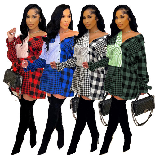 Women's clothing Plaid brushed stitching single-breasted shirt dress with sleeves MN8391