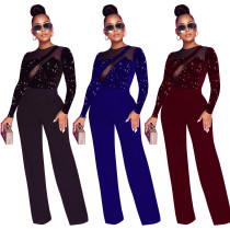 New autumn and winter flocking sequins mesh stitching straight jumpsuit Q21S981