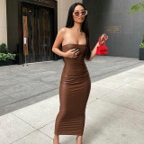 Women's 2021 autumn and winter new solid color casual sleeveless zipper PU leather tube top long dress A21DS475