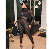 Sexy see-through women's striped skinny long-sleeved trousers jumpsuit C5345