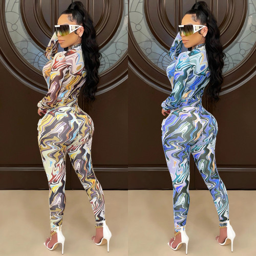 Fashion painted round neck zipper long-sleeved trousers mesh see-through two-piece suit C5505