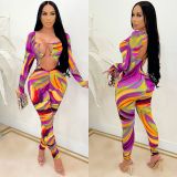 Fashion new product sexy deep tight V milk silk printing long-sleeved pile trousers jumpsuit women's clothing C5080