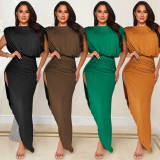 Fashion solid color women's round neck sleeveless folds irregular slit long skirt dress X5527
