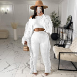 New women's casual solid color knitted long-sleeved tassel suit TS1186