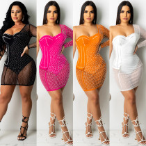 New product nightclub sexy solid color women's hot drilling mesh see-through one-shoulder skirt dress X5335