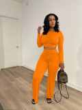Women's solid color casual pleated long-sleeved T-shirt wide-leg pants suit TS1149