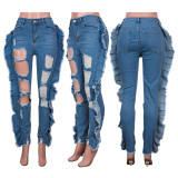 Women's temperament commuter personality trousers with fringed wood ears ripped blue jeans Y462