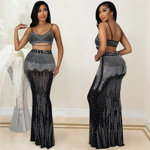 Two-piece mesh see-through camisole long dress X5370