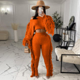 New women's casual solid color knitted long-sleeved tassel suit TS1186