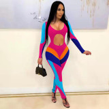 New sexy belly button multicolor stitching jumpsuit YD8550