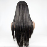 Wig black mid-length straight hair high temperature silk mechanism full headgear
