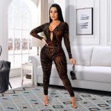 Women's 2021 autumn new sexy fashion leaf print long-sleeved two-piece suit