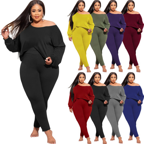 Oblique Collar Long Sleeve Irregular Top Tights Fashion Casual Suit Plus Size Women