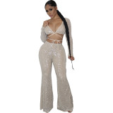 Women's new sexy long-sleeved chest-wrapped top and hip trousers two-piece suit