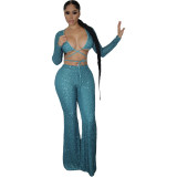 Women's new sexy long-sleeved chest-wrapped top and hip trousers two-piece suit