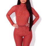 Women's winter new round stand-up collar long-sleeved one-piece tight-fitting hollow trousers mesh suit