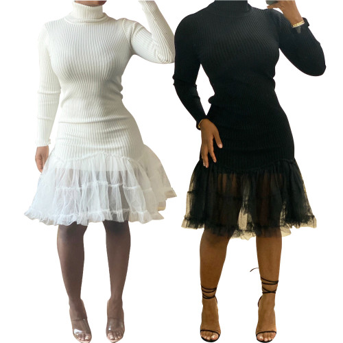 Women's thread dress long-sleeved tight-fitting high-neck mesh sweater dress autumn and winter