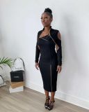 Autumn and winter new women's fashion pit strip solid color zipper dress