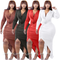 Fashion sexy solid color irregular pleated cross long sleeve dress