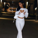 Suit solid color thin slim round neck long sleeve love heart hollow high waist straight leg tight trousers two-piece female