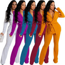 Pure color fashion V-neck women's two-piece suit