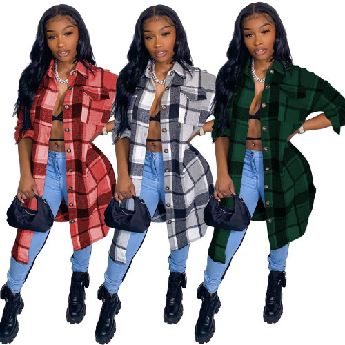 Women's fashion hot sale classic plaid shirt woolen long coat