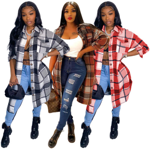 Women's loose plaid single-breasted woolen coat shirt new