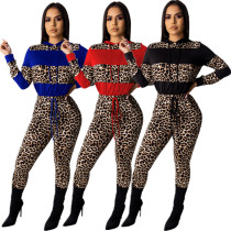 Women's autumn and winter models with hood and pockets multicolor leopard stitching printing two-piece suit