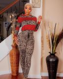 Women's autumn and winter models with hood and pockets multicolor leopard stitching printing two-piece suit