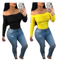 Women's autumn and winter models of solid color sexy temperament hedging one-neck long-sleeved T-shirt top