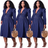 Woven lapel one-piece midi skirt cotton blue imitation denim high waist solid color