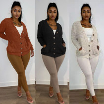 Women's solid color V-neck cardigan single-breasted long-sleeved sweater coat cardigan
