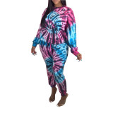 Women's sexy positioning printing tie-dye casual trousers two-piece suit