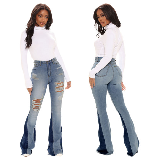 Fashion casual ripped washed women's flared jeans