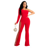 Fashion casual oblique shoulder pure red hot rhinestone side see-through jumpsuit